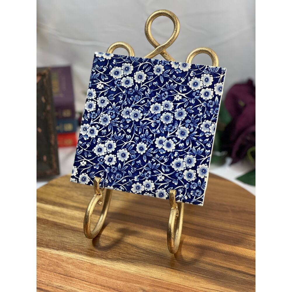 Vintage English Staffordshire Calico Blue & White Tile/Trivet - 6"x6"
